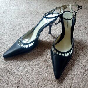 Never Worn (New) Black Italian Leather Ankle Strap Heels